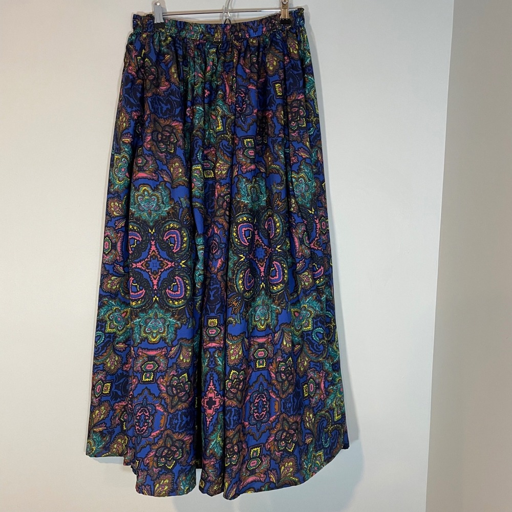 Lapogee Plus‎ 1X Blue Paisley Medallion Elastic Waist Maxi Skirt India Hippie